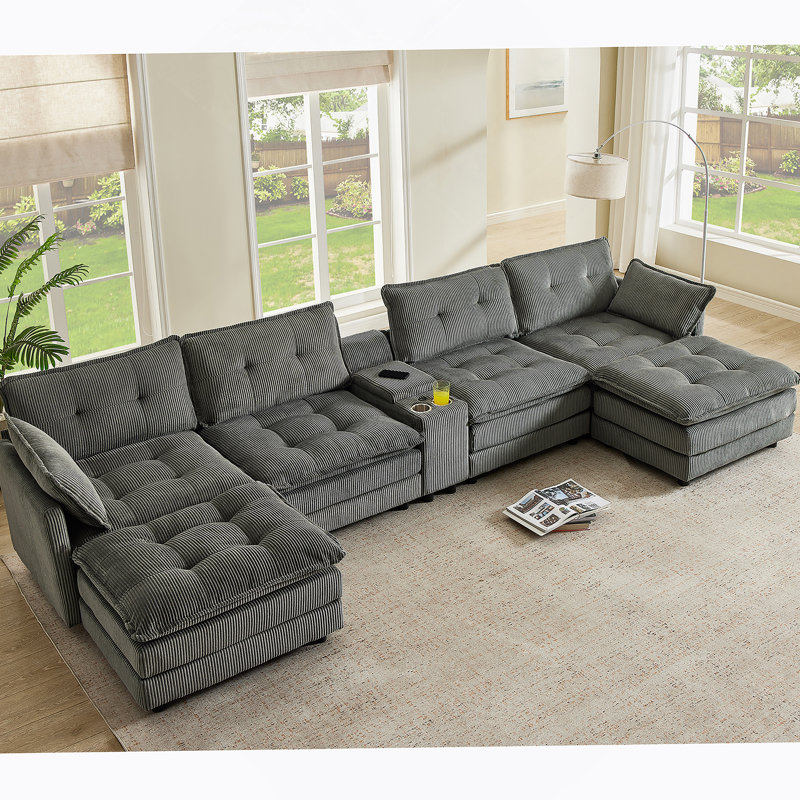 Canapé modulaire en U de 154 pouces avec repose-pieds en forme de U avec repose-pieds, conception modulaire pour le salon, ensemble de canapés à siège profond en velours côtelé 6 places avec console centrale et port USB, gris