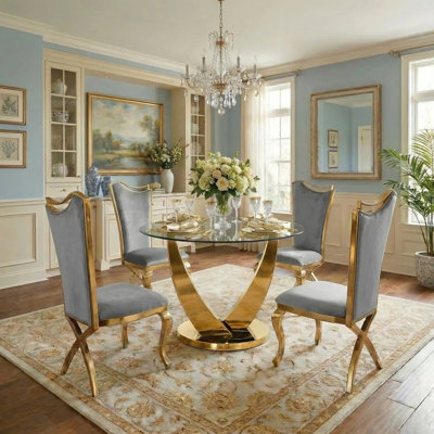 Taylor 39"Round Glass Dining Table Set For 4, Tempered Glass Table With Stainless Steel Legs & Velvet Metal Chairs, Perfect For Small Dining Room, Kitchen, Apartment, Gold, Gray