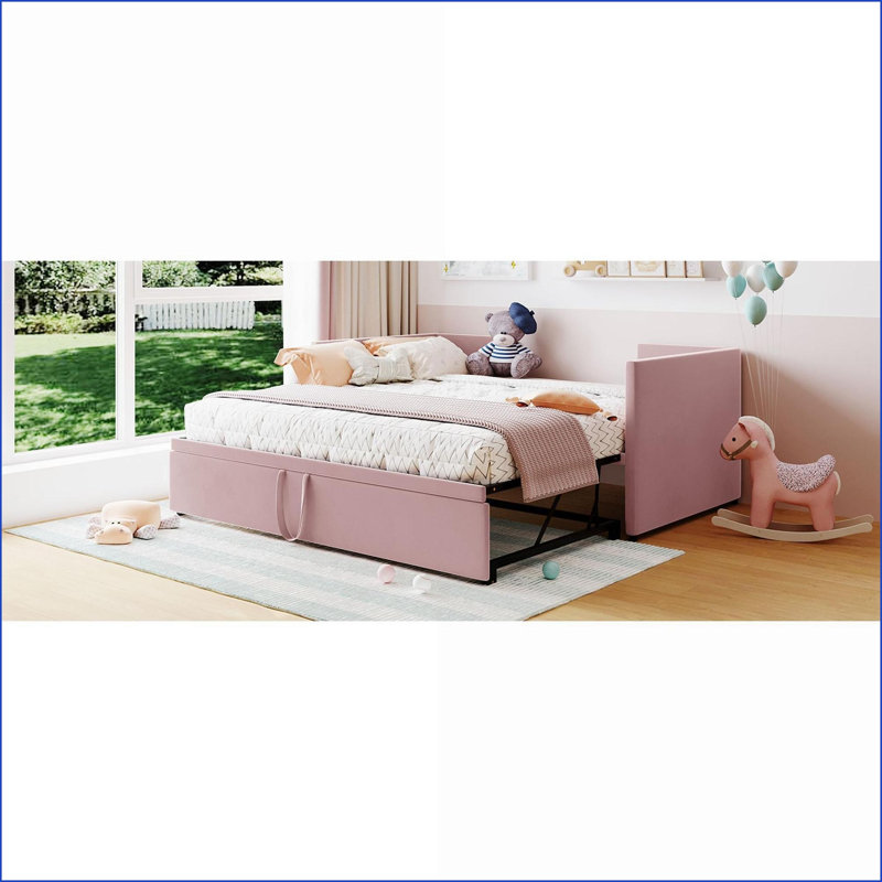 Twin Size Upholstered Daybed with Pop Up Trundle - Pink, No Box Spring Needed for Guest/Multi-Functional Rooms