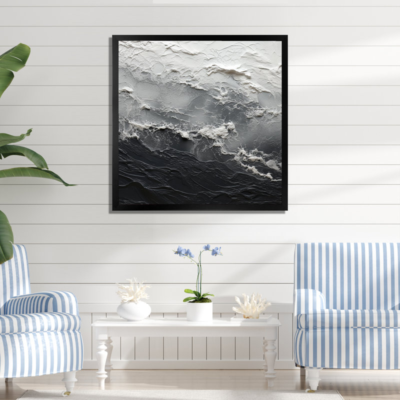 Minimalism Black And White Paint Wave - Abstract Wall Art Living Room, Black Single Picture Framed, 30" H x 30" W x 1" D