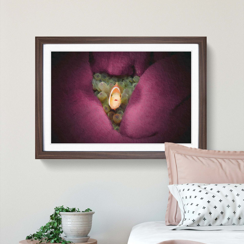 Clownfish & Sea Anemone - Picture Frame Painting, Walnut Framed, 36cm H x 48cm W x 2cm D