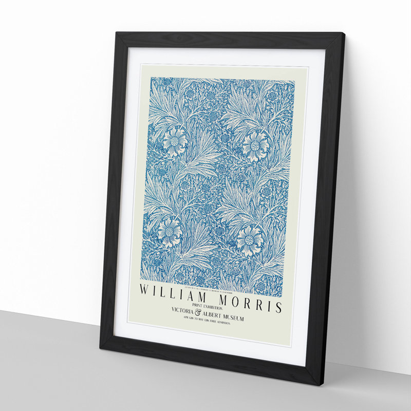 Blue Marigold with Border by William Morris - Picture Frame Painting, 65cm H x 48cm W x 2cm D, Black Framed