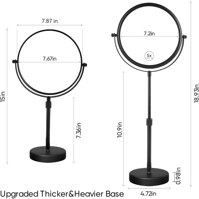 Miroir de maquillage plus haut plus haut de table de 8 pouces, miroir de maquillage grossi 5 fois sur pied, réglable en hauteur, miroir double face en noir mat (8 pouces, 5 x)