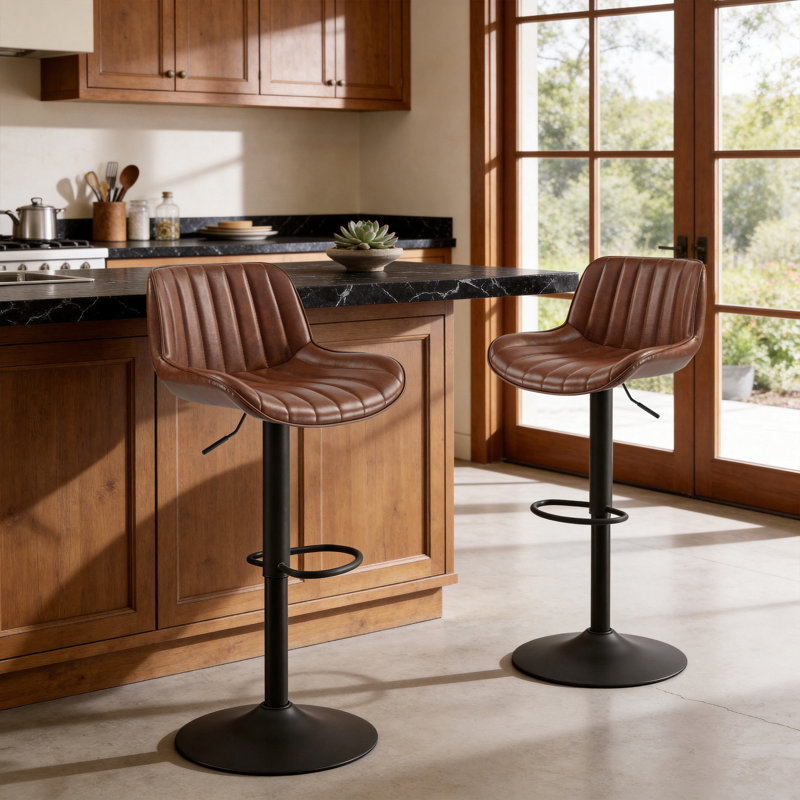 Almeida Swivel Upholstered Adjustable Height Bar & Counter Stool with Metal Frame, Dark Brown