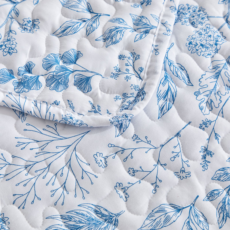 3 Piece  All Season Cottagecore Microfiber Quilt Set, King Quilt + 2 King Shams, Blue Floral