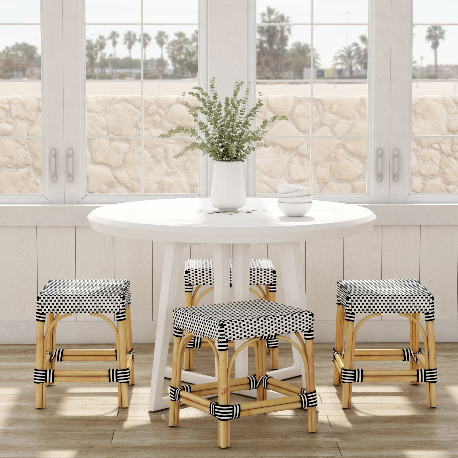 Lennart 30" Bar Stool, Counter Stool (24.5" Seat Height), White/Black Dot/ Natural Rattan Frame