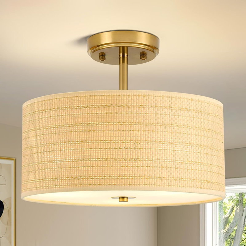 13“ Rattan Semi Flush Mount Ceiling Light Fixture, 3-Light Gold Boho Light Fixtures Ceiling Mount,Farmhouse Drum Rattan Lamp For Upstairs Hallway Entry Foyer Nursery Laundry Room Den