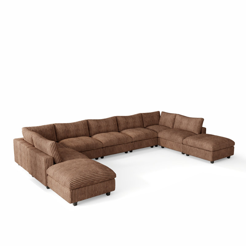 Canapé modulaire réversible en U 9 pièces avec 2 repose-pieds amovibles, Brun