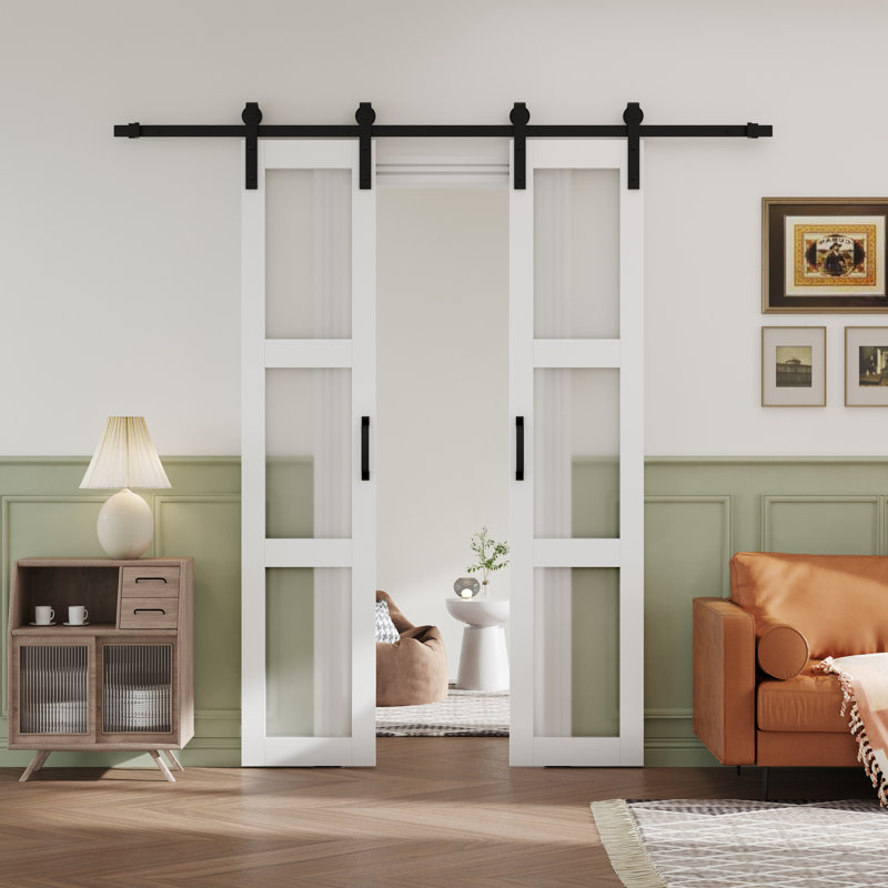 White Frosted Glass and MDF Barn Door with Hardware Kit, 36"W x 84"H