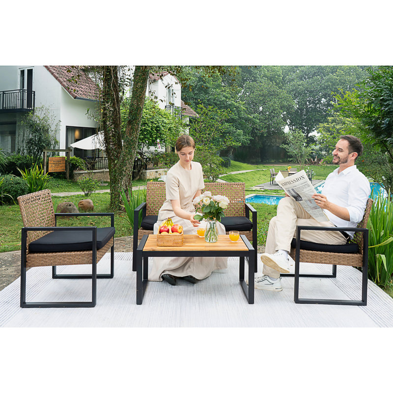Ensemble de meubles de patio 4 pièces avec balcon et véranda, Noir, Marron clair