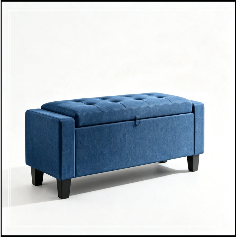 Rangement capitonné avec pieds en bois, Bleu