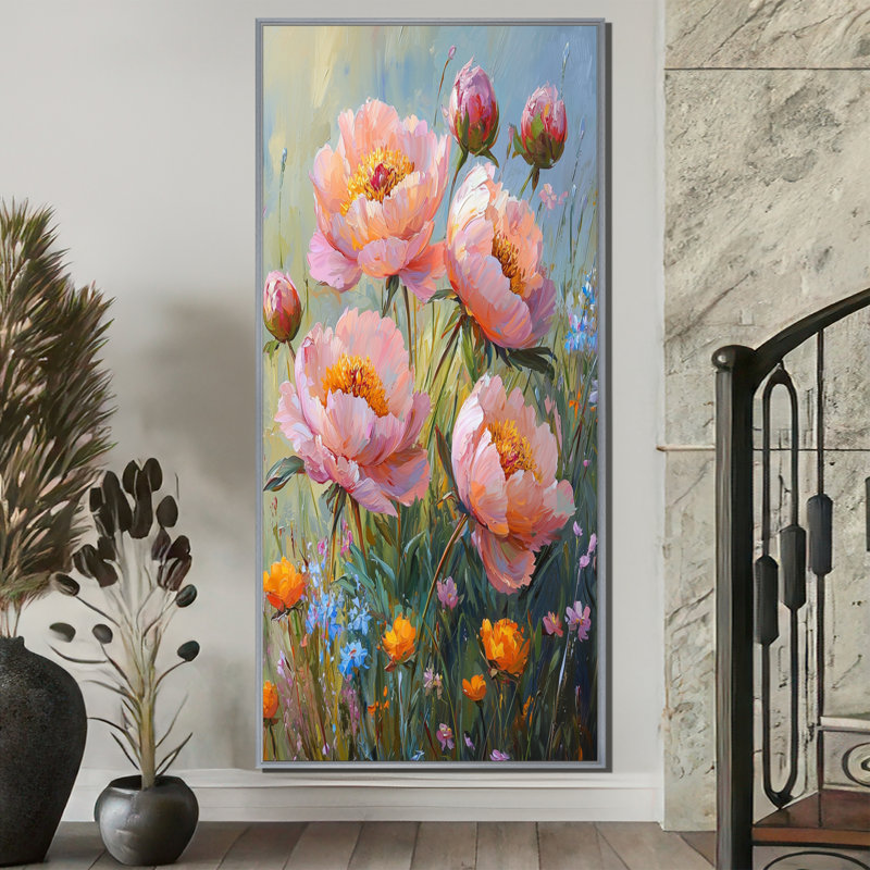 John Pivoines dans le champ de fleurs sauvages III - pivoines, art mural encadré, H 60 po x l 28 po, Argent argent
