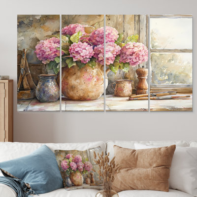 Hortensias sur le comptoir de cuisine II - Art mural hortensia - Art mural traditionnel
