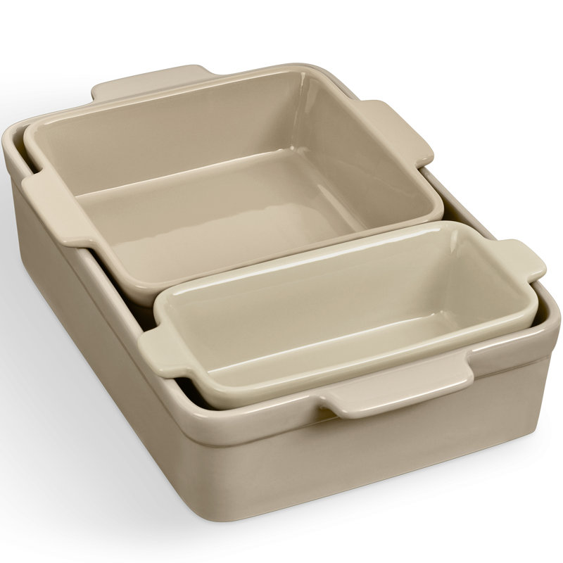 Ensemble de plats de cuisson en céramique 3 pièces Best Choice Products, plats de cuisson en grès, ensemble de service en cocotte - beige champignon