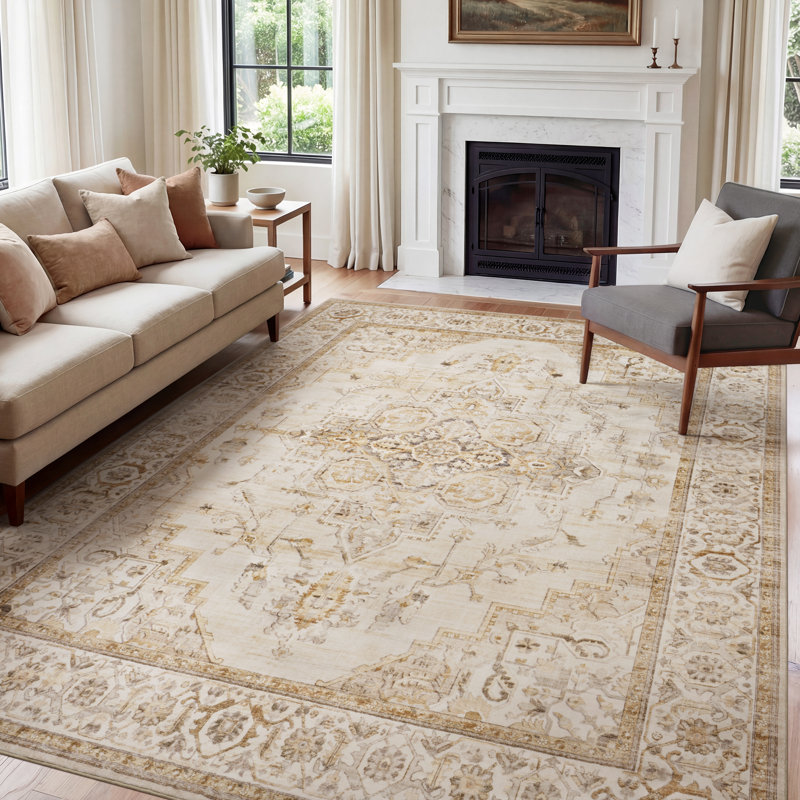 Soft Machine Washable Vintage Distressed Medallion Area Rug For Living Room, Bedroom With Non-Slip Backing In Beige/Cream
