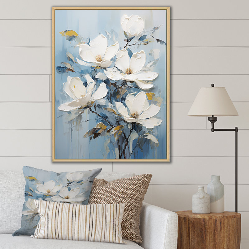 «Magnolias Blossom II» blanc et bleu sur toile, Cadre naturel flottant, H 44 po x l 34 po x P 1,5 po