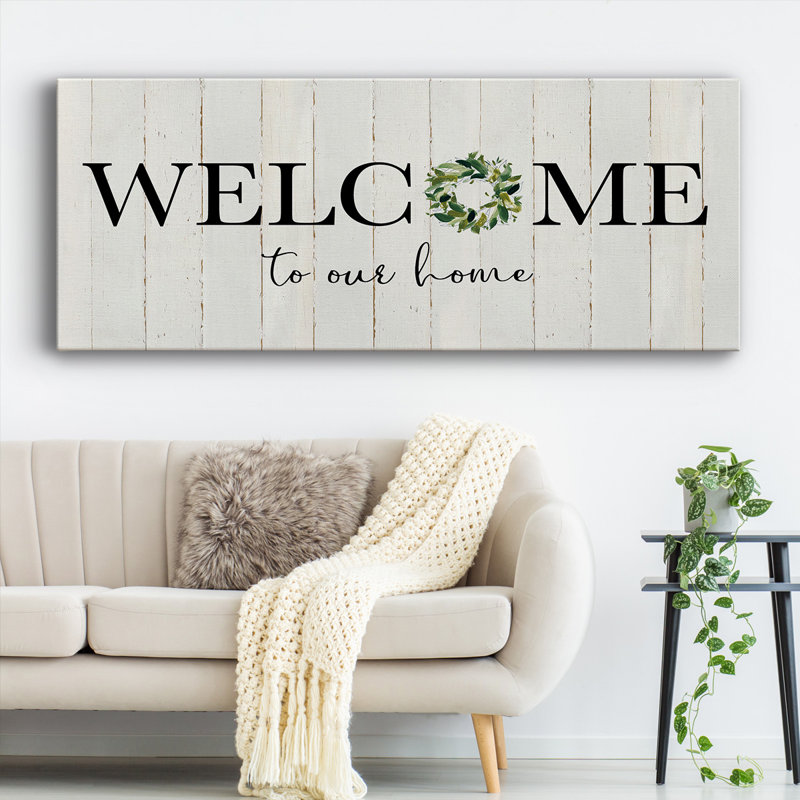 "Welcome to our home" sur toile, art textuel, H 24 po x l 60 po x P 1,5 po