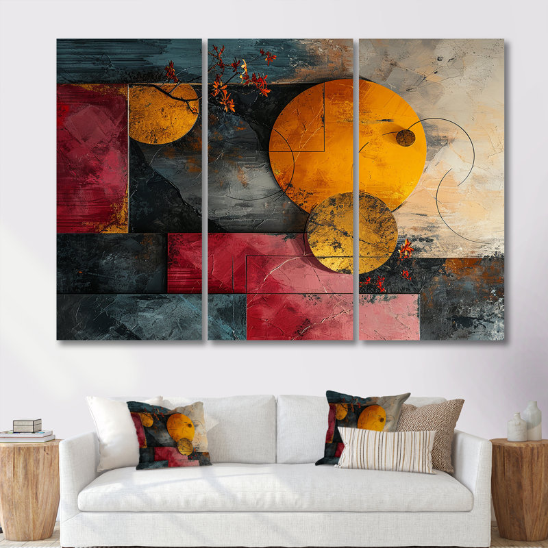 Double Moon Rising Turquoise Gold II - ensemble d'art mural géométrique, H 28 po x l 36 po x P 1 po, Toile tendue