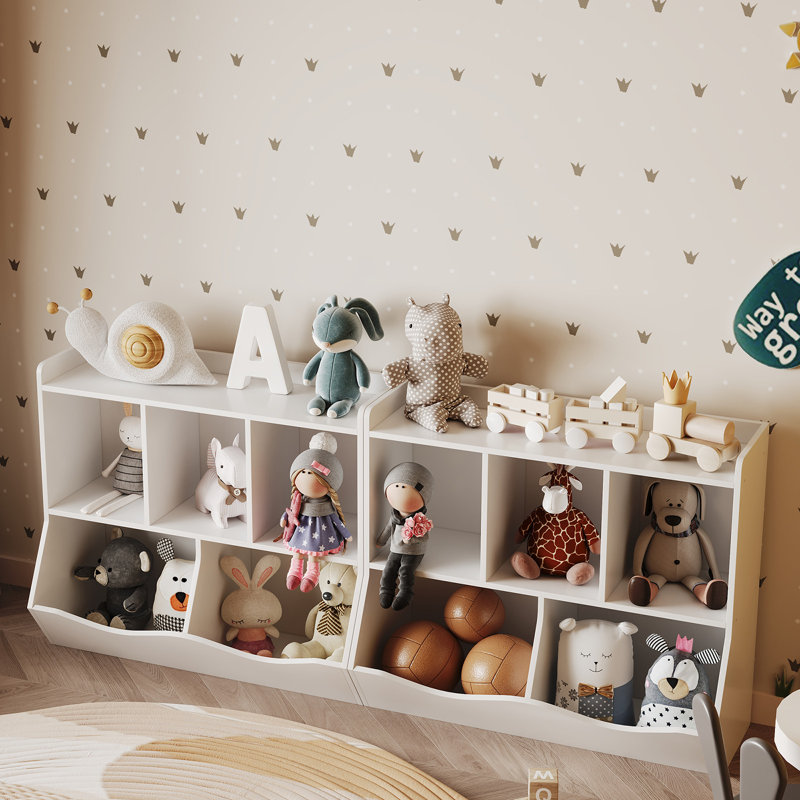 Organisateur de rangement pour jouets à 3 niveaux et bibliothèque pour enfants - support à livres à 5 sections pour garderie, armoire pour tout-petit pour la maternelle, la chambre de bébé, la salle de jeux ou la chambre à coucher (L 36 po x l 11,4 po x H 31,5 po) - Blanc