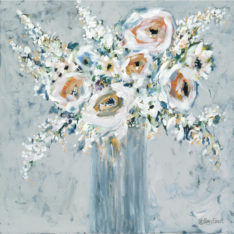 " Blooms In Blue Vase " by Roey Ebert, 12" H x 12" W, No, Wrapped Canvas