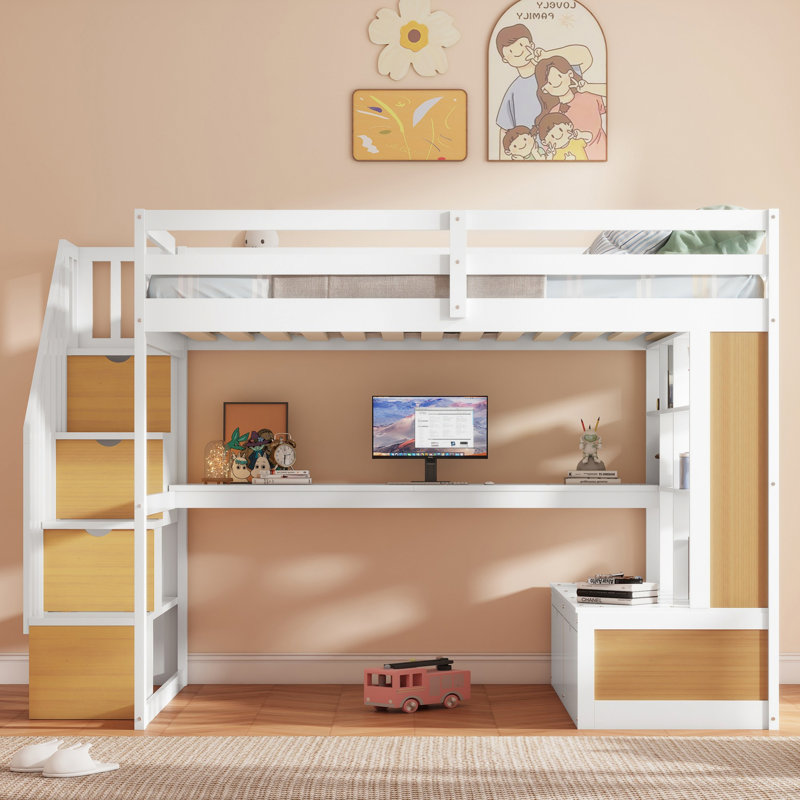 Lit mezzanine avec bureau et tablettes, deux tiroirs intégrés, escalier de rangement, Naturel / blanc
