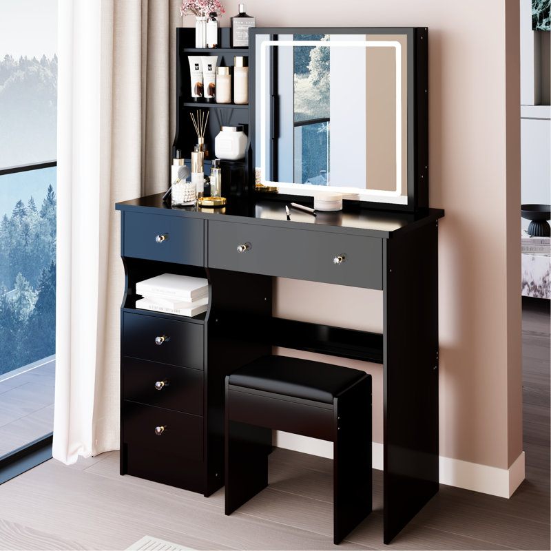 37" Vanity Table With Left Drawer, Cushioned Stool, Sliding Touch - Operated Tri Color Brightness Adjustable Mirror And Ample Storage For Large Sized Areas Drawer Desktop Controlled Led Adjustment