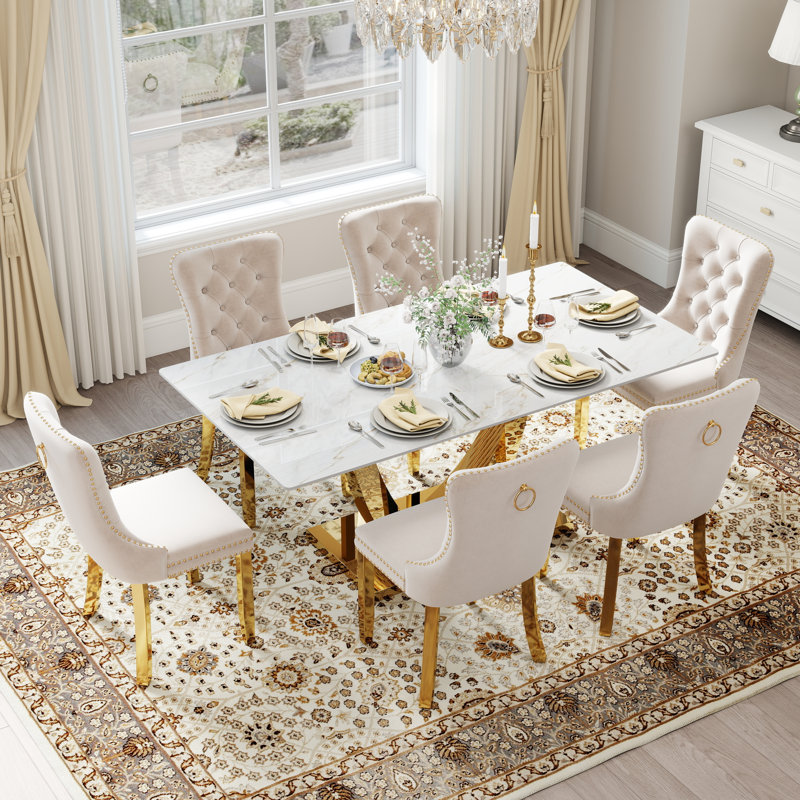Hoppus 6 - Person Pedestal Dining Set, Beige, 30"H x 63"L x 35.4"W