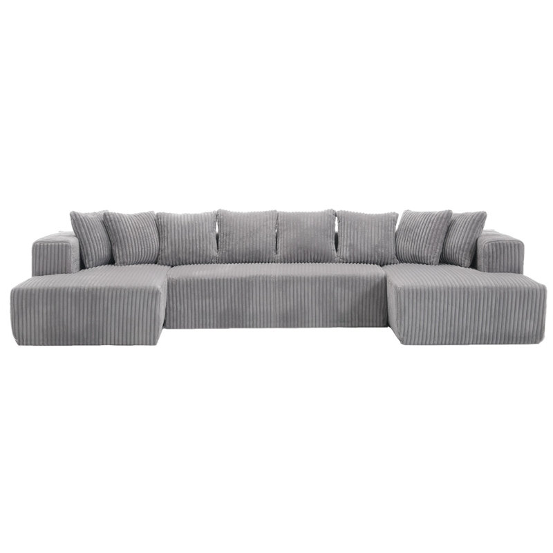 Boneless Modern Modular Oversized U-Shaped Sectional Sofa With 8 Pillows, Gray Corduroy