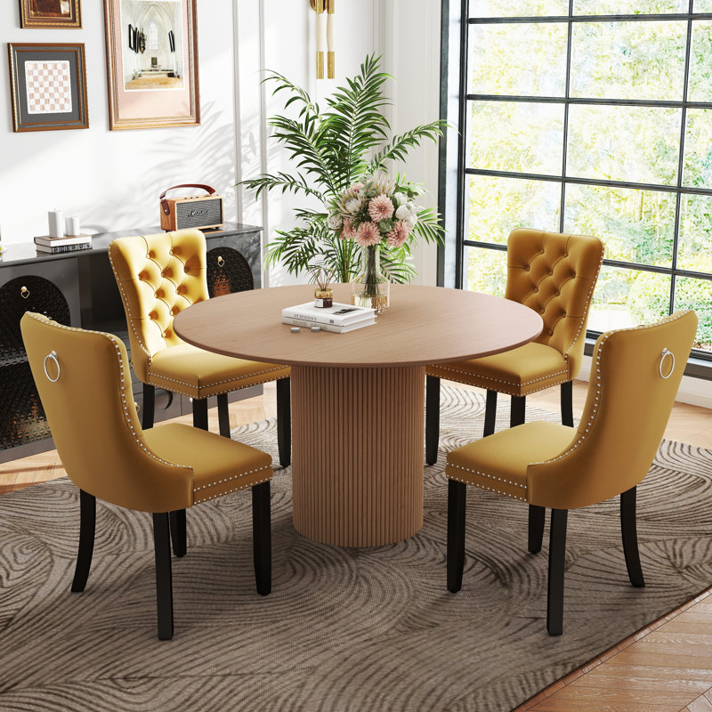 Round Pedestal Dining Set with Cream Style Dining Table Yellow - Main Image