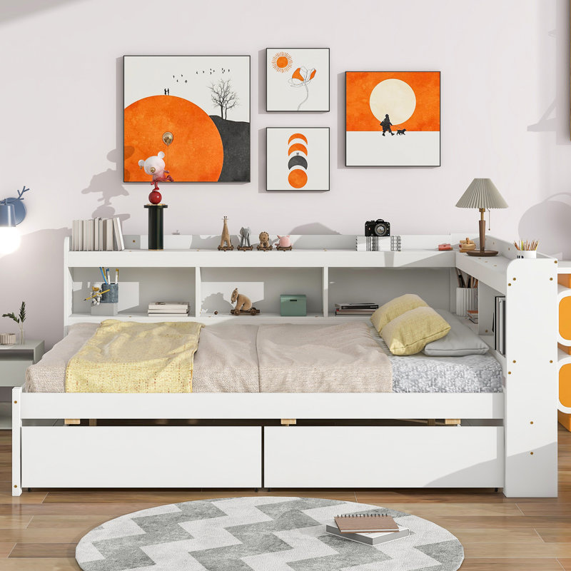 Lit double avec tiroirs en L, blanc - Utilisation de l'espace dans la chambre principale et tiroirs spacieux parfaits