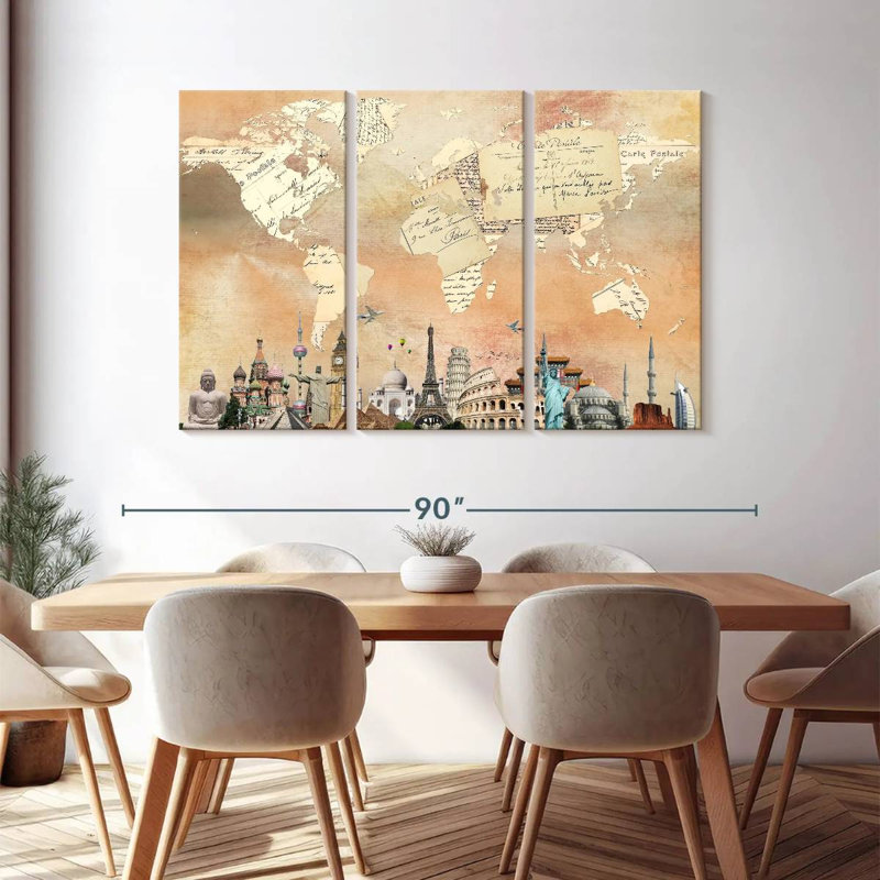 " Postcard World Map " 3 - Pieces, 48" H x 74" W x 1.25" D