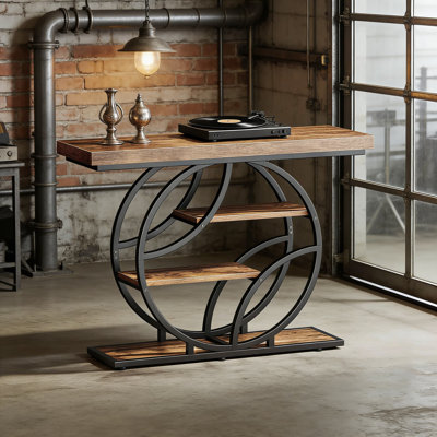 Industrial Console Table With Storage Shelves, Rustic Brown Entryway Sofa Table For Hallway, Foyer, Or Living Room, Sturdy O-Shaped Metal Frame Design