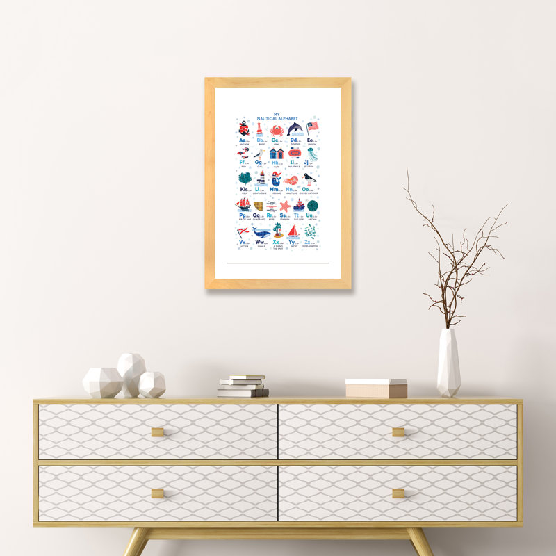 Nautical Alphabet - impression d'art graphique, H 24 po x l 16 po x P 1 po, Blanc, Papier avec cadre beige