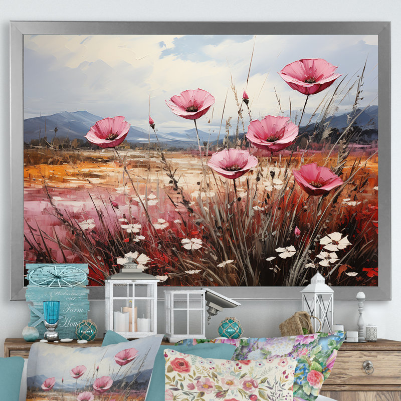 «Pink Crimson Flower Meadow Field» sur impression sur toile, Cadre simple argenté, H 16 po x l 32 po x P 1 po