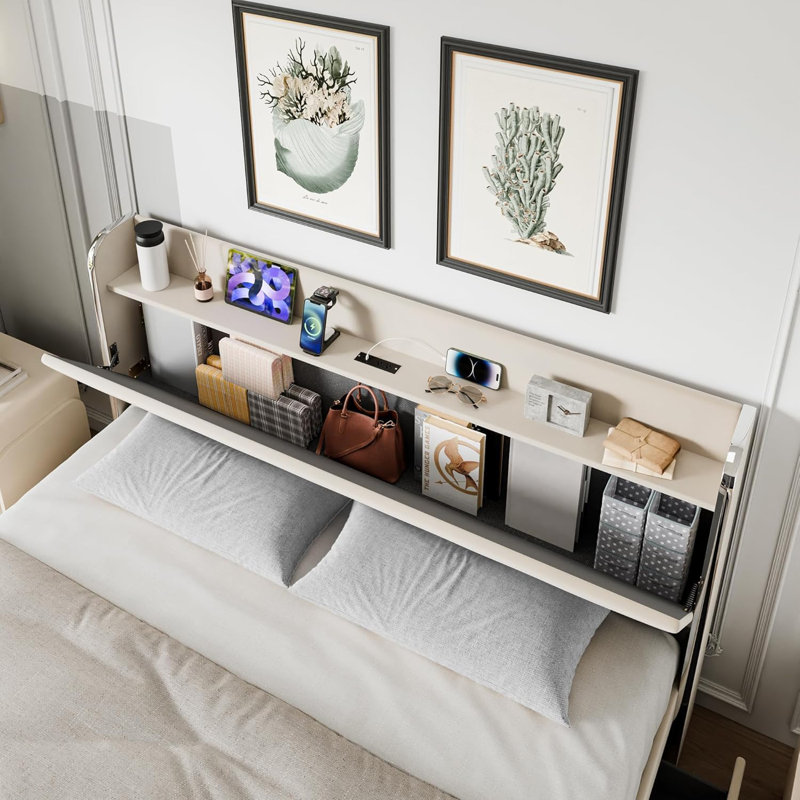 Upholstered Bed Frame With 4 Drawers,Diamond Tufted Bed Frame With Charging Station, Beige, Full