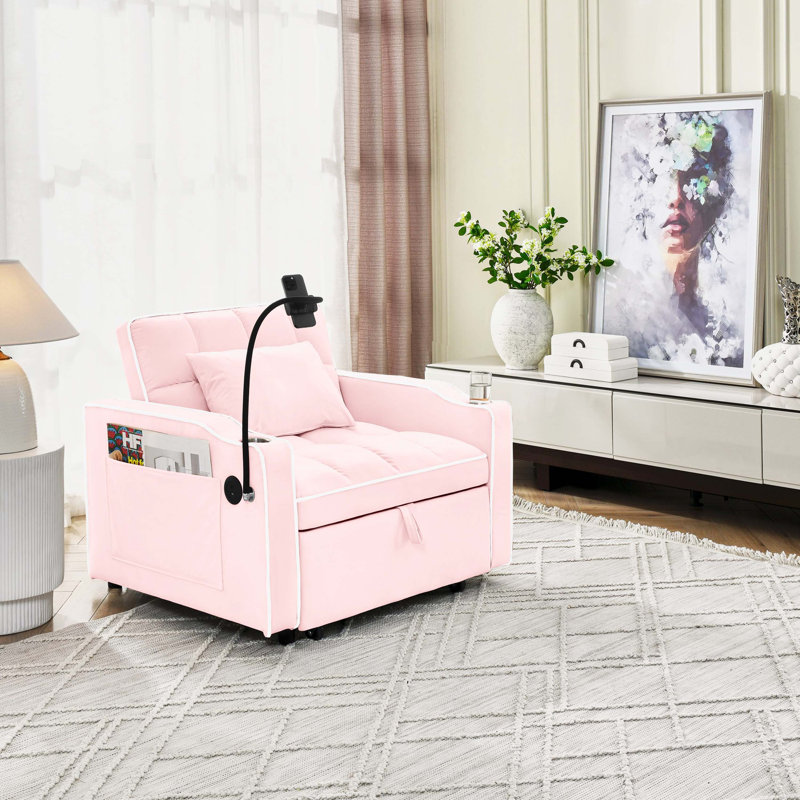 Fauteuil-lit convertible 3-en-1 ajustable, poches de rangement latérales multiples pour économiser de l'espace, Pink Velvet