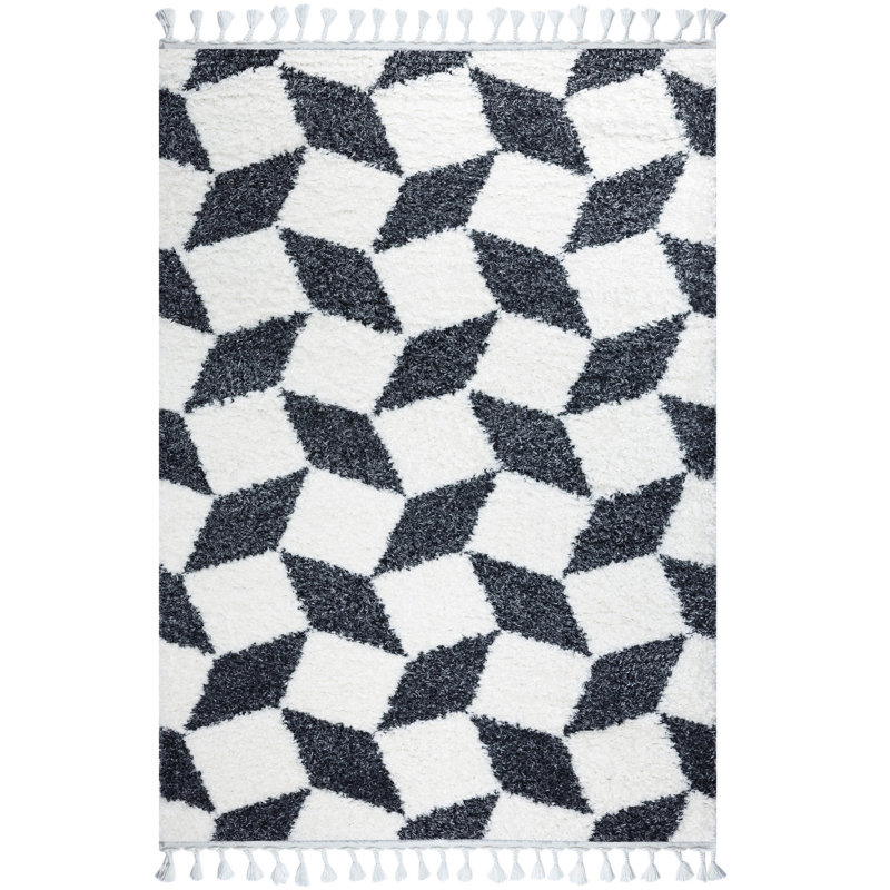 Tapis blanc / noir rectangulaire en polyester tissé à la machine Ayita, Rectangle 6 pi 7 po x 9 pi 6 po