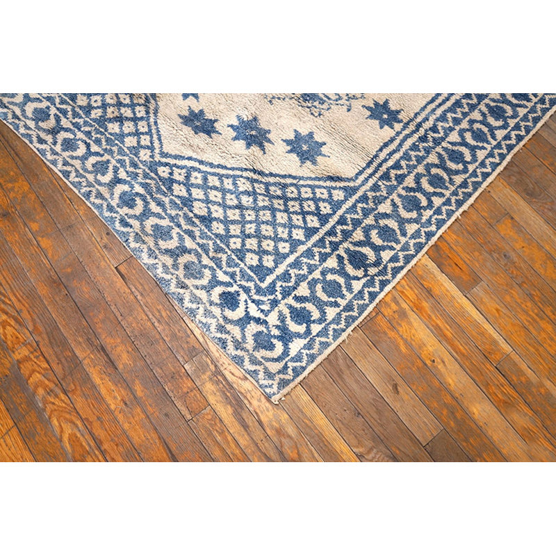 Geometric Star Pattern Antique White and Blue Color Cotton Agra Rug