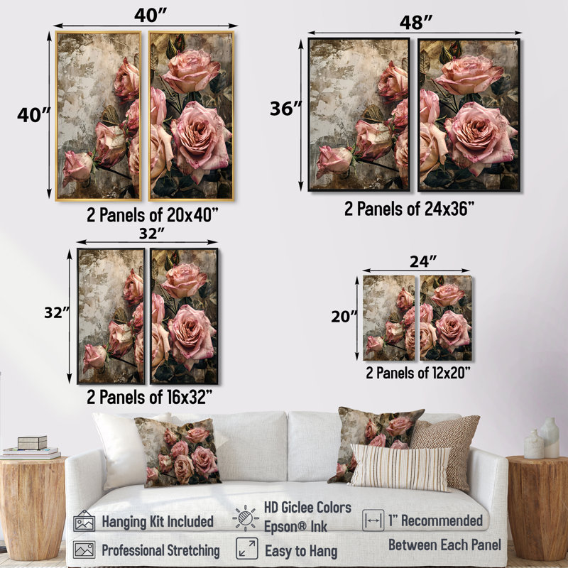 «Pink Rose Vintage Grunge - Floral Roses», art mural sur toile, H 40 po x l 40 po, Noir