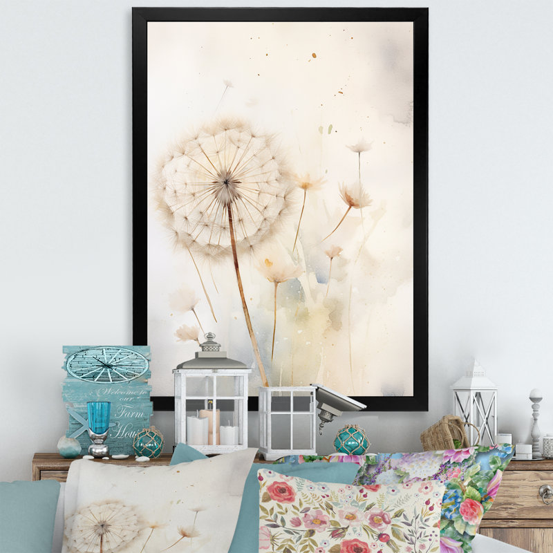 Dandelion Charm in Winter II - Imprimé, Cadre simple noir, H 32 po x l 24 po x P 1 po
