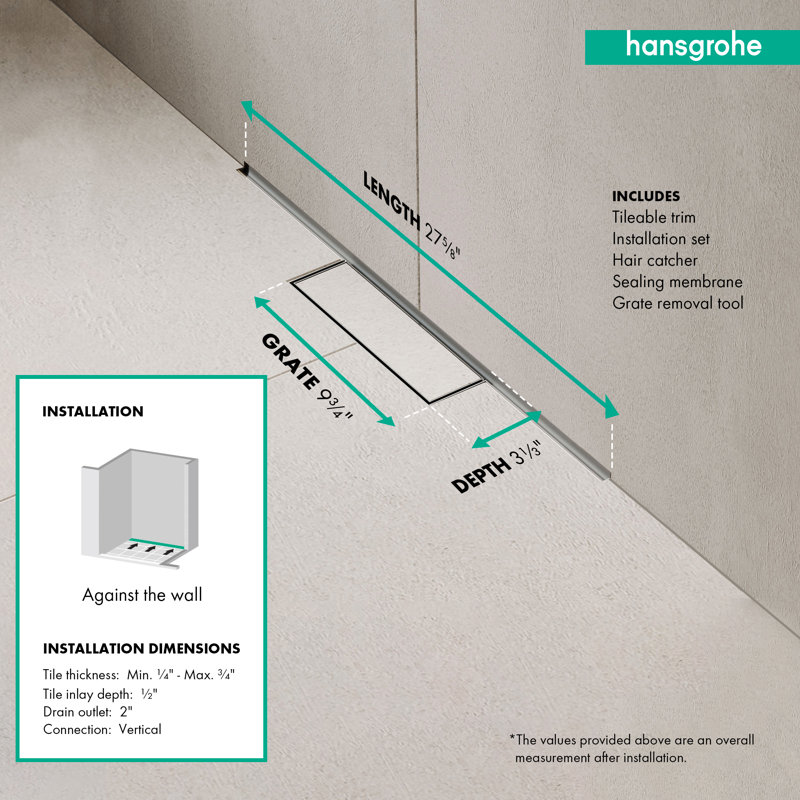 Ensemble de garniture et d'installation 2 ", 27 5/8" hansgrohe RainDrain Minimalistic