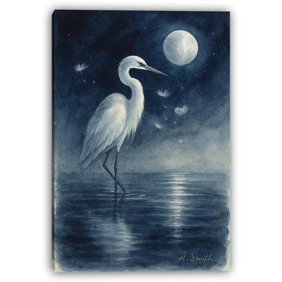 «Midnight Grace: Egret Under Moonlit Sky», toile tendue