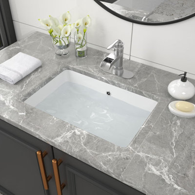 Lavabo de salle de bain moderne encastré en céramique avec trop-plein - Design rectangulaire pour meuble-lavabo