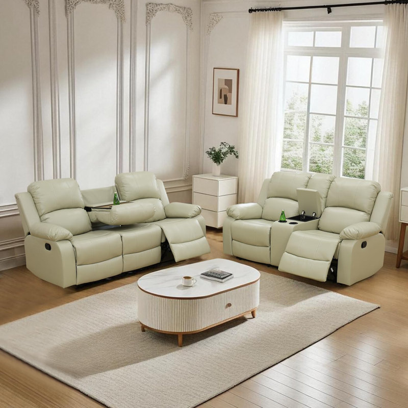 Canapé 2 pièces inclinable manuellement avec porte-gobelet et console centrale, Blanc