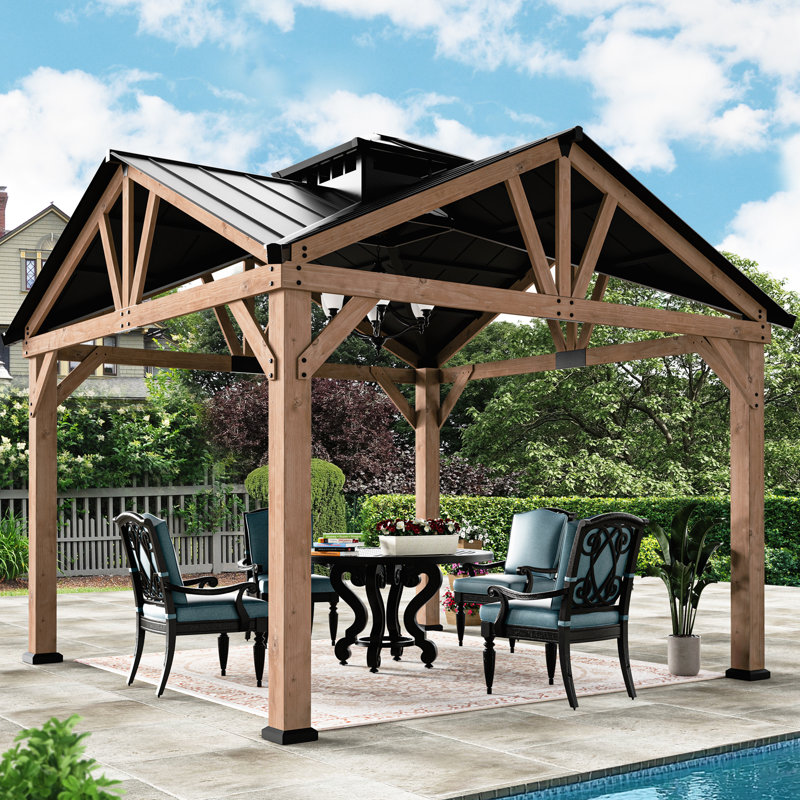 Wedgewood 12' x 12' Premium Cedar  Wood Framed Hard Top Patio Gazebo With 2-Tier Metal Gable Roof