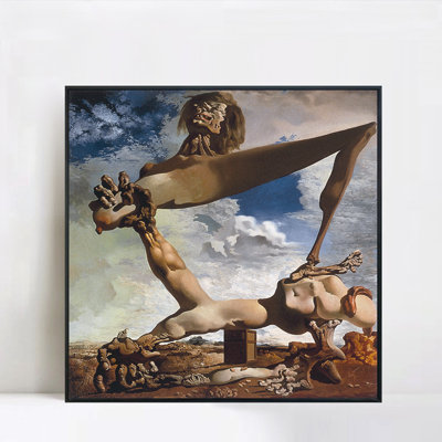 Reproduction giclée sur toile encadrée « Construction souple avec haricots bouillis » de Salvador Dali, décoration murale pour salon, maison ou bureau (cadre fin noir, 71 x 71 cm)