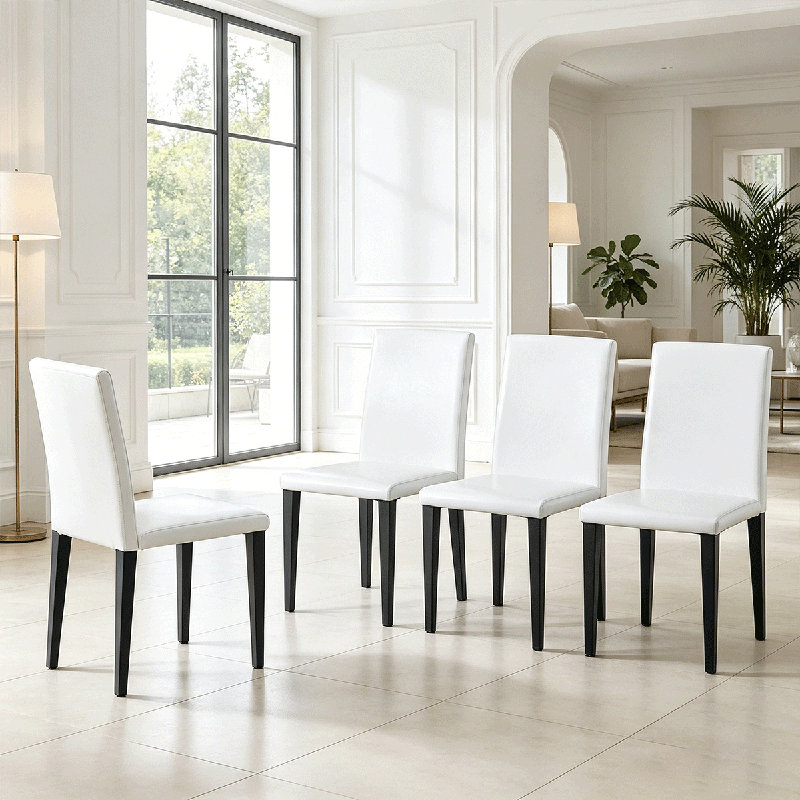 Ensemble de chaises de salle à manger modernes (4 pièces), chaises rembourrées en cuir de polyuréthane avec structure et pieds en métal, chaises de cuisine confortables à haut dossier.