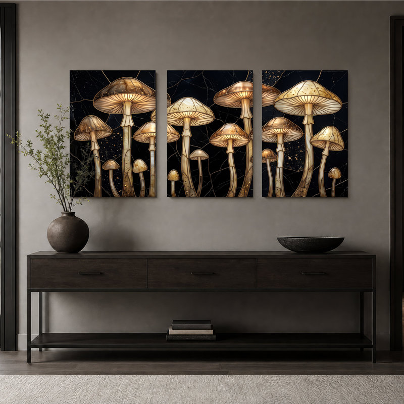 «Glowing Mushroom in Vitrail sur fond noir», ensemble de 3 toiles murales, 36"H x 24"W x 3pcs