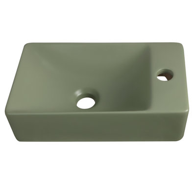 Mini-lavabo de salle de bain rectangulaire encastré mural moderne en céramique l 15 po x P 8,5 po Felix, trou de robinet à droite, olive mat