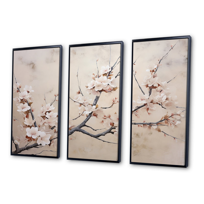 Minimalisme gris et blanc Cherry Blossom - ensemble d'art mural sur toile Cherry Blossom, Cadre flottant noir
